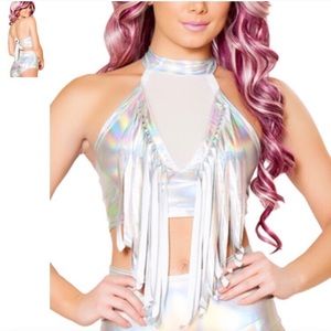 Silver Holographic Rave Crop Top Festival Fringe Burning Man 🔥